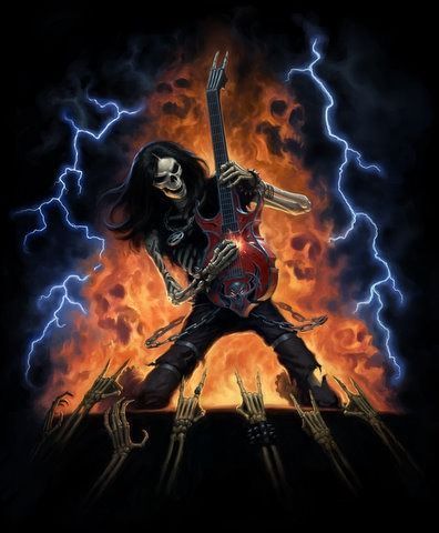 A skeleton with long black hair shreds on a red guitar amidst fire and lightning bolts.