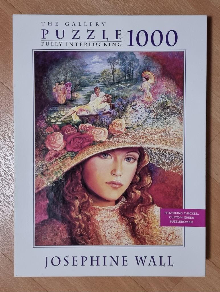 Portrait of a young woman wearing a wide-brimmed floral hat, with a dreamy, ethereal garden scene above her.