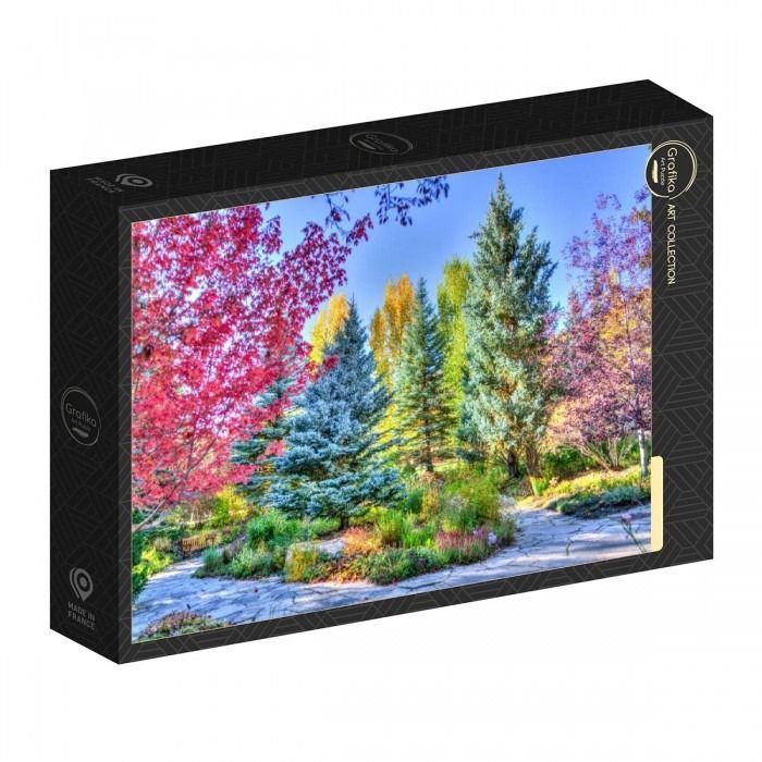 A lush garden path winds through vibrant autumn trees in shades of pink, blue-green, yellow, and orange.