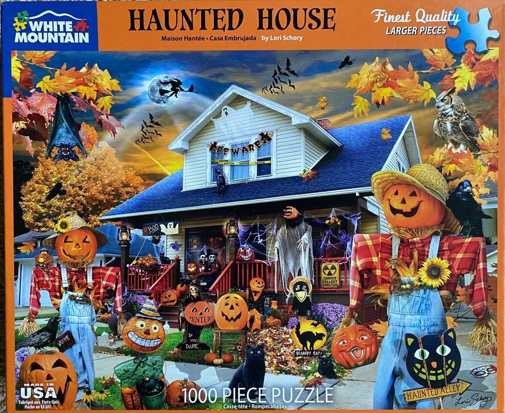 A festive Halloween-decorated suburban house surrounded by scarecrows, pumpkins, and autumn leaves.