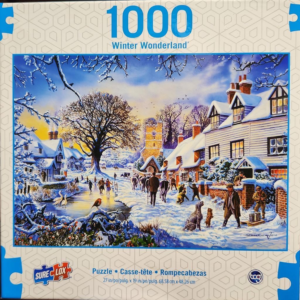A peaceful village scene in winter with snow-covered cottages, a frozen stream, and villagers enjoying the day.