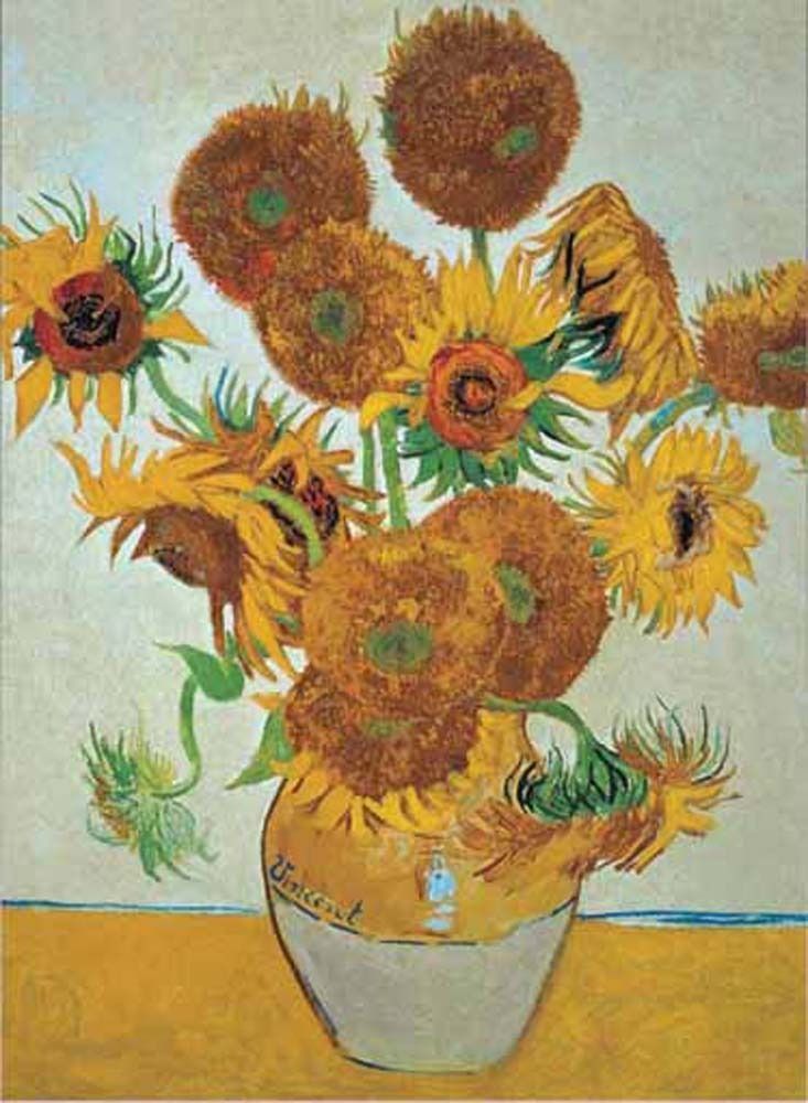 A still life painting of sunflowers in a yellow ceramic vase against a pale background.