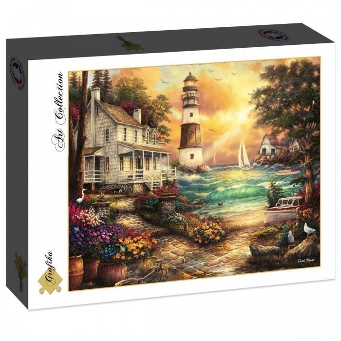 A lighthouse and a colonial-style house by the sea during a golden sunset.
