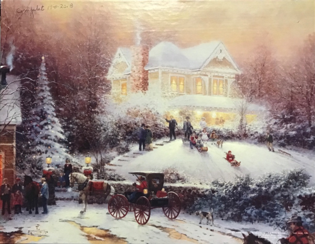 A Victorian house in a snowy winter scene with a horse-drawn carriage and people playing in the snow.