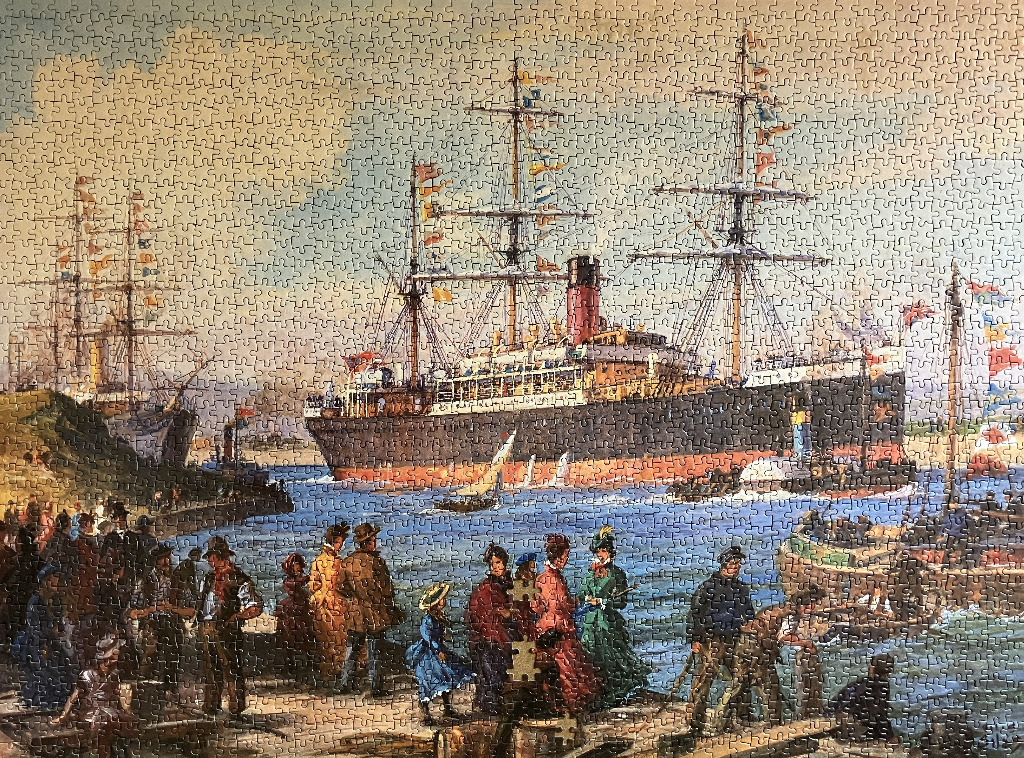 A vintage illustration of a large steamship arriving at a crowded harbor with people watching from a pier.