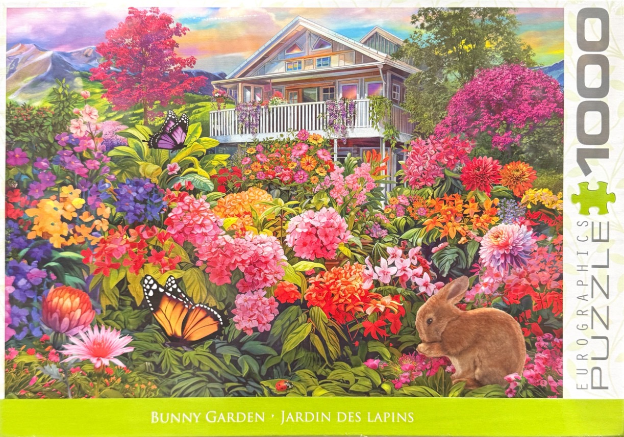 A lush garden scene with a house, vibrant flowers, two butterflies, and a small brown bunny.