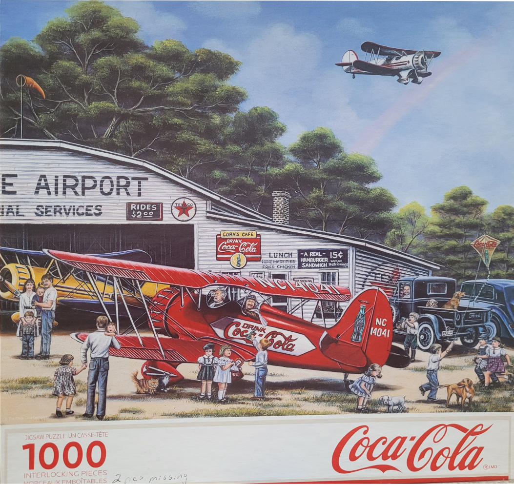 Nostalgic illustration of families gathering at a rural airfield with red vintage biplanes.