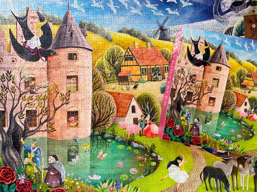 Whimsical illustration of a fairytale castle landscape featuring characters from Hans Christian Andersen stories.