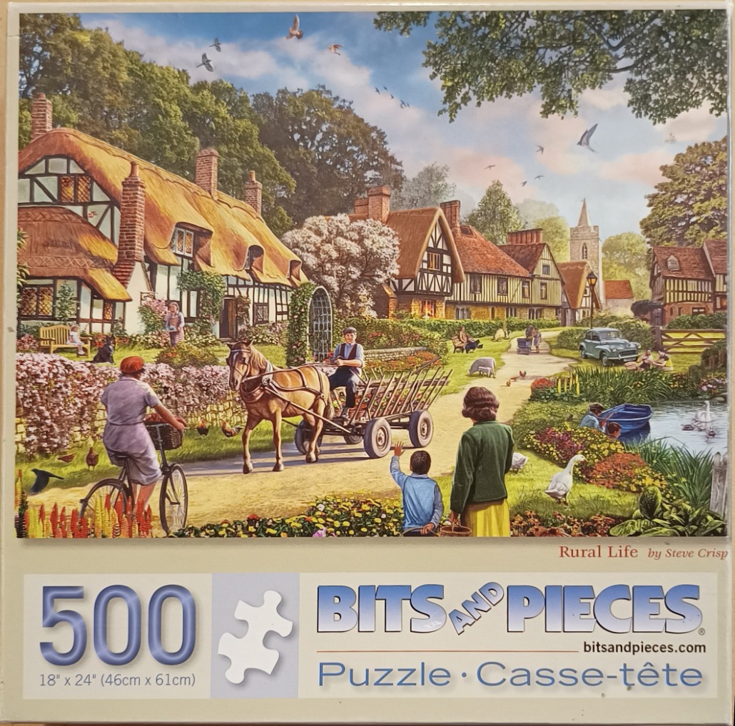 An idyllic English village scene featuring thatched cottages, a horse and carriage, and local residents.