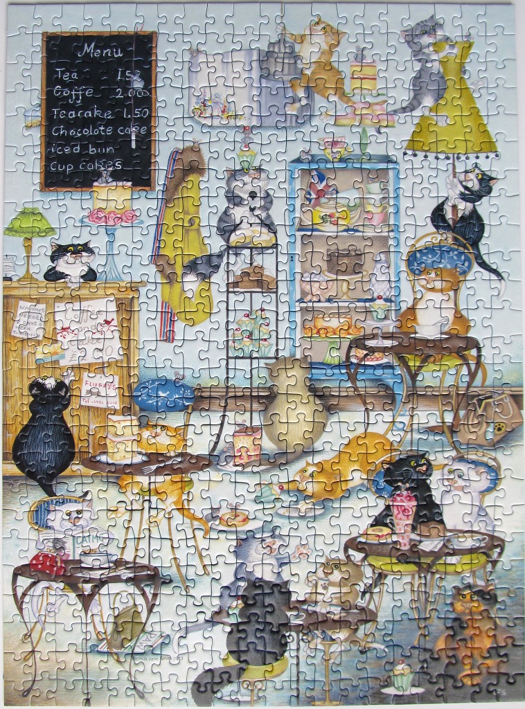 A whimsical illustration of many cats in a cozy tea room cafe.