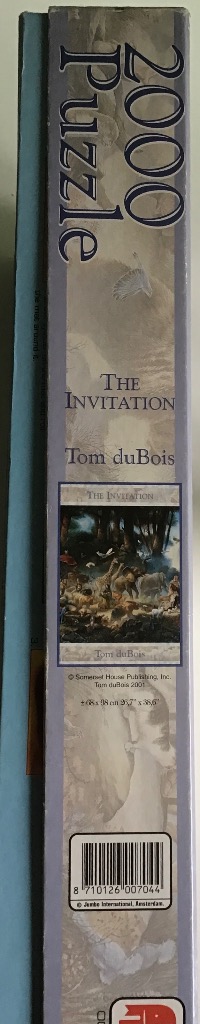 Tom duBois' "The Invitation" artwork of animals gathering under trees, with a pale background.
