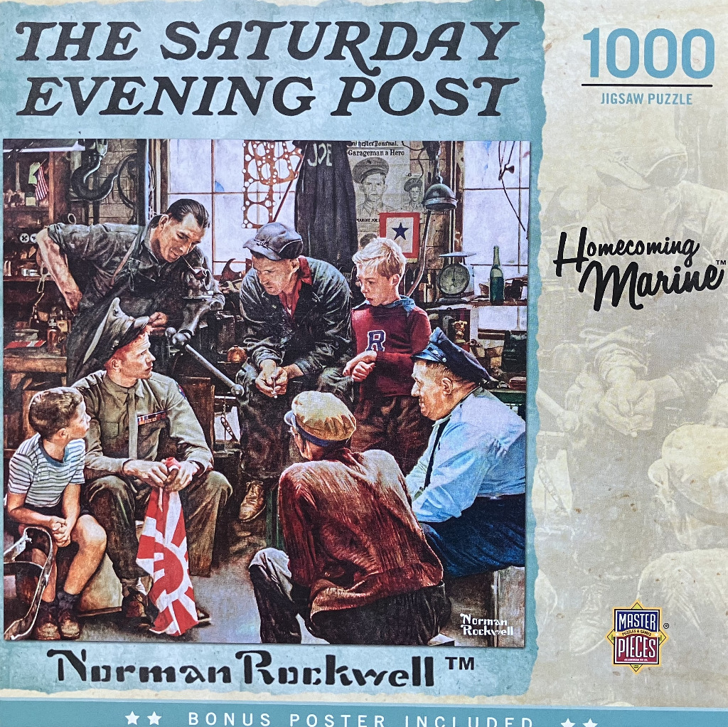 A Norman Rockwell illustration of a marine returning home to a small workshop filled with friends and family.