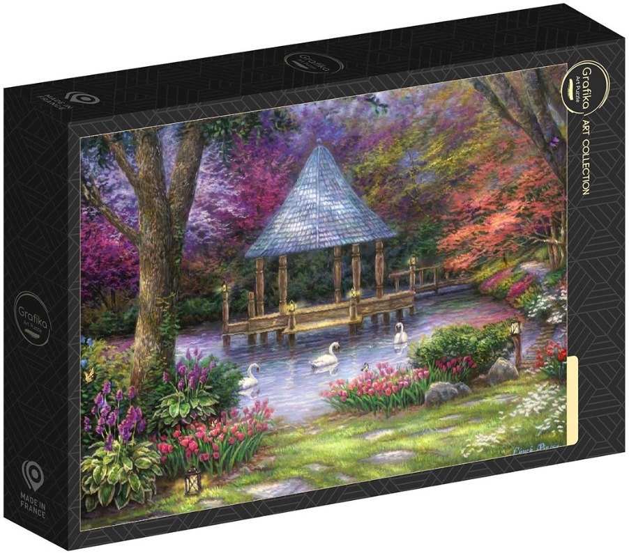 Painting of a wooden gazebo on a pond surrounded by vibrant flowers and three white swans.