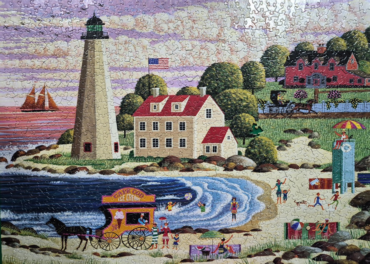 An illustration of a coastal lighthouse scene with a horse-drawn ice cream wagon and beachgoers at sunset.