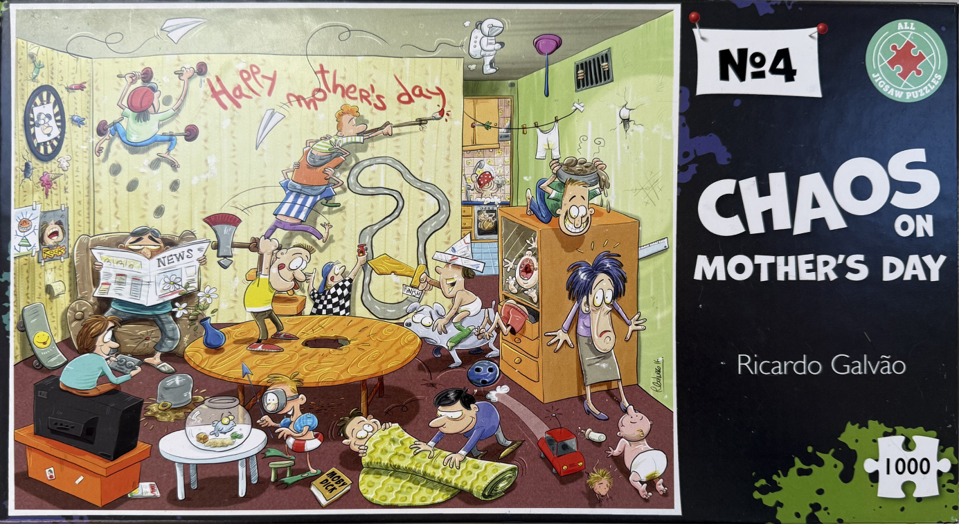 Cartoon illustration of a chaotic living room filled with unruly children on Mother's Day.