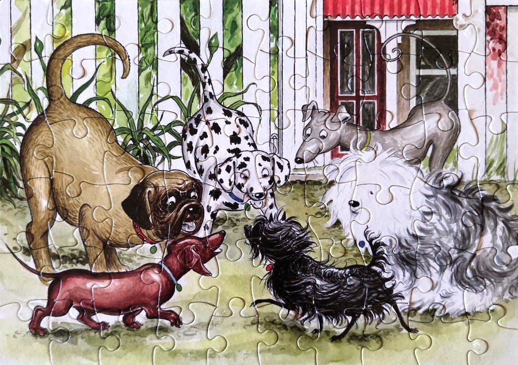 An illustration of six dogs of various breeds gathering in a garden setting in front of a white picket fence.