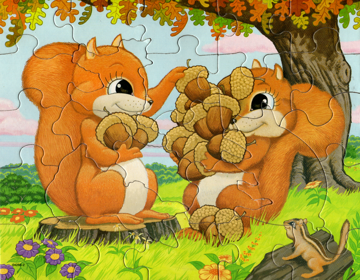 Two cartoon squirrels holding a large pile of acorns in a meadow with a chipmunk nearby.