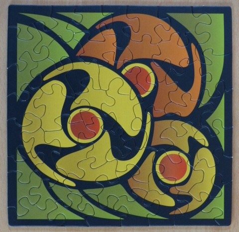 Abstract graphic design with swirling yellow, orange, and green shapes against a dark navy background.