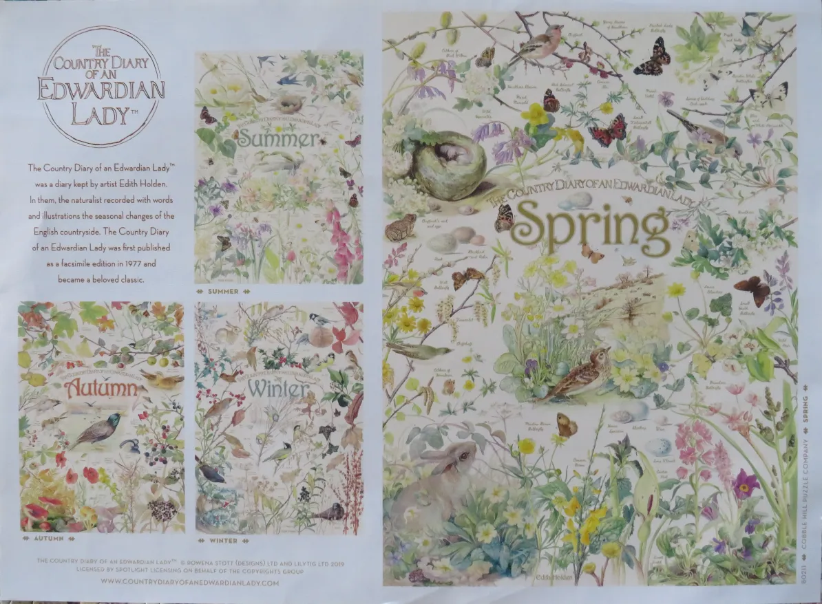 Watercolor illustrations showing the flora and fauna of four seasons, centered on a detailed study of Spring.