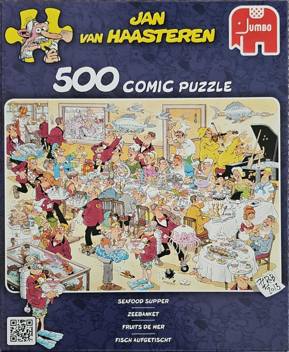 A busy cartoon illustration of a chaotic seafood banquet with many eccentric characters and absurd elements.
