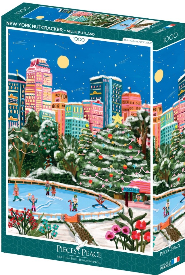 An illustration of a snowy ice rink in New York City with skaters dressed as nutcrackers under a starry night sky.