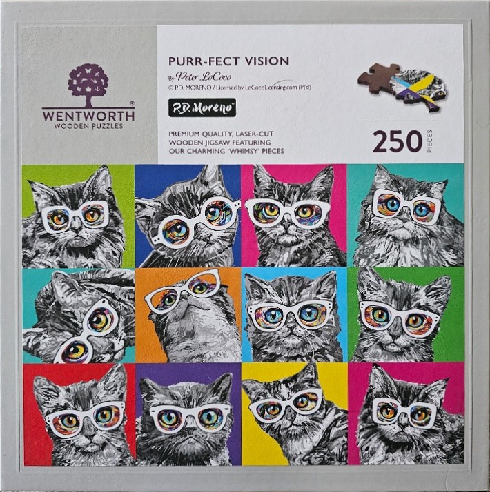A grid of twelve portrait illustrations of grey tabby cats wearing white-rimmed glasses against bright colored backgrounds.