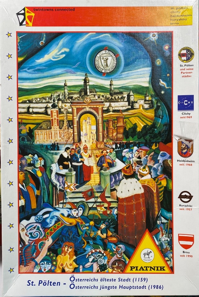 Surrealist oil painting of St. Pölten with historical figures, a large archway, and a festive crowd.