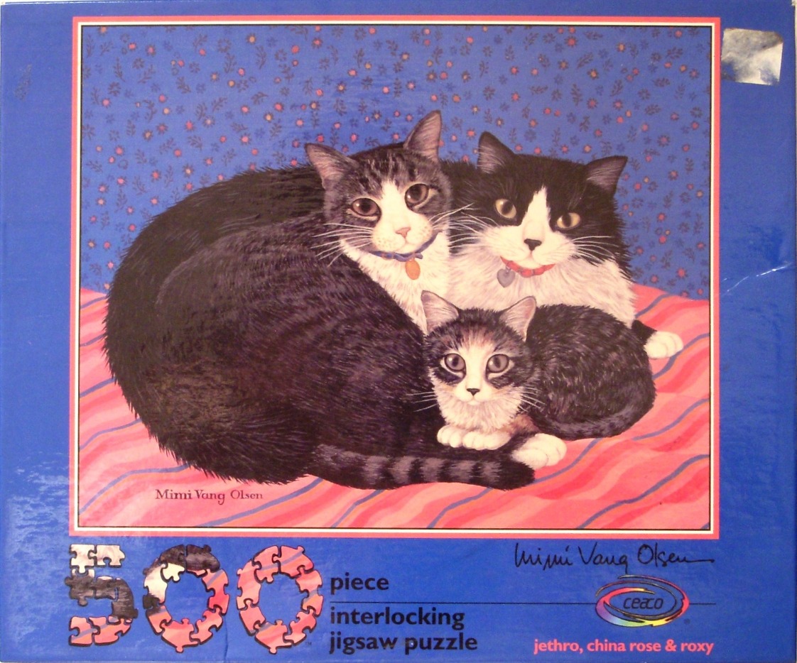 An illustration of three cats resting on a pink striped blanket against a blue background with a floral pattern.