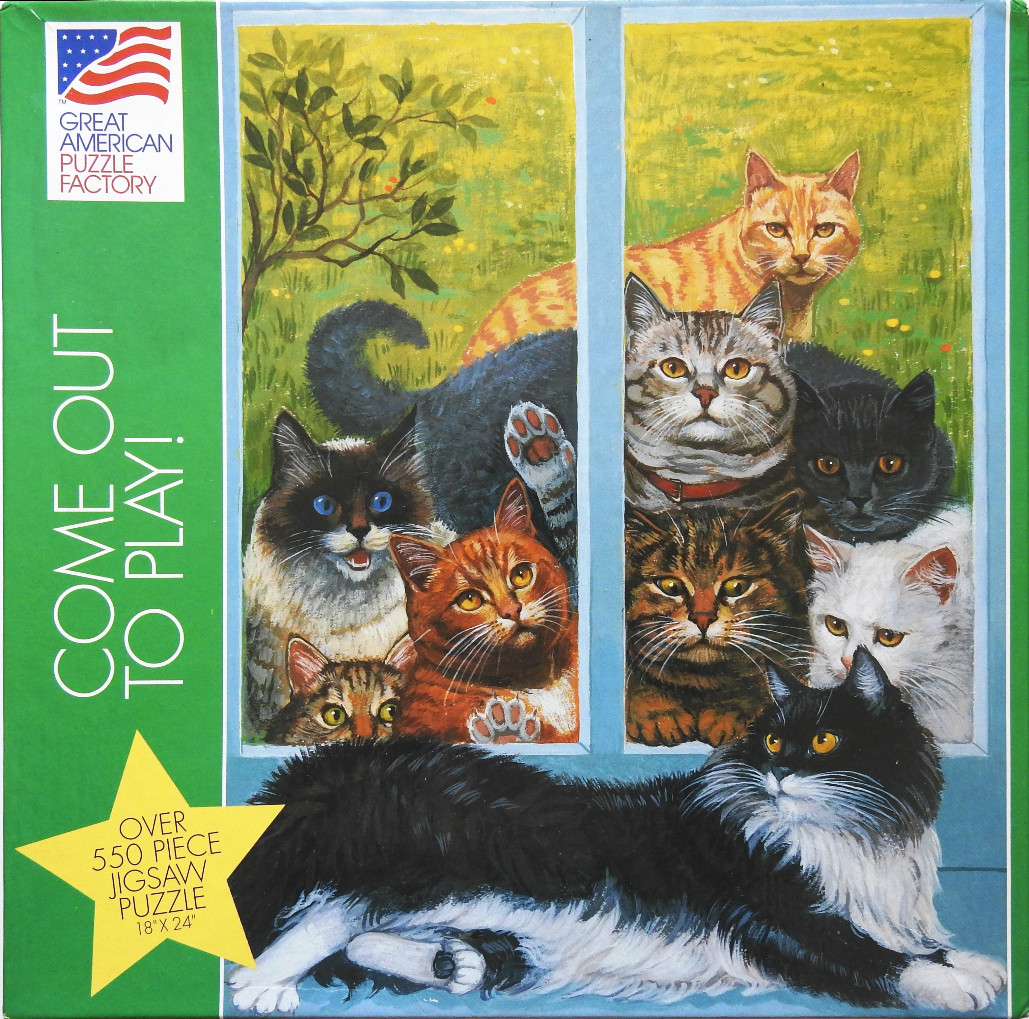 Nine cats looking out of or sitting by windows with green garden background