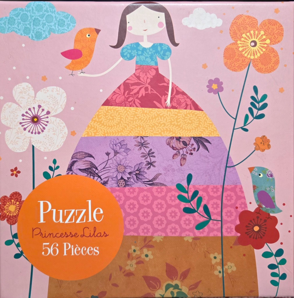 A whimsical illustration of a young girl with a patterned dress, birds, and flowers on a light pink background.
