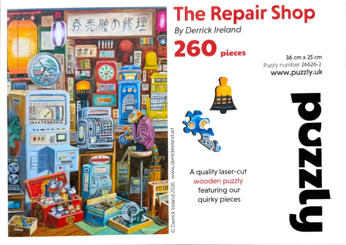 A whimsical illustration of a cat-like creature repairing a vintage machine in a cluttered, colorful Japanese-style shop.