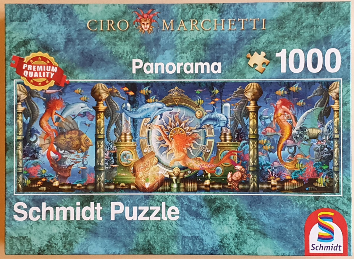Fantasy underwater scene with two mermaids, dolphins, seahorses, and a golden clockwork portal.