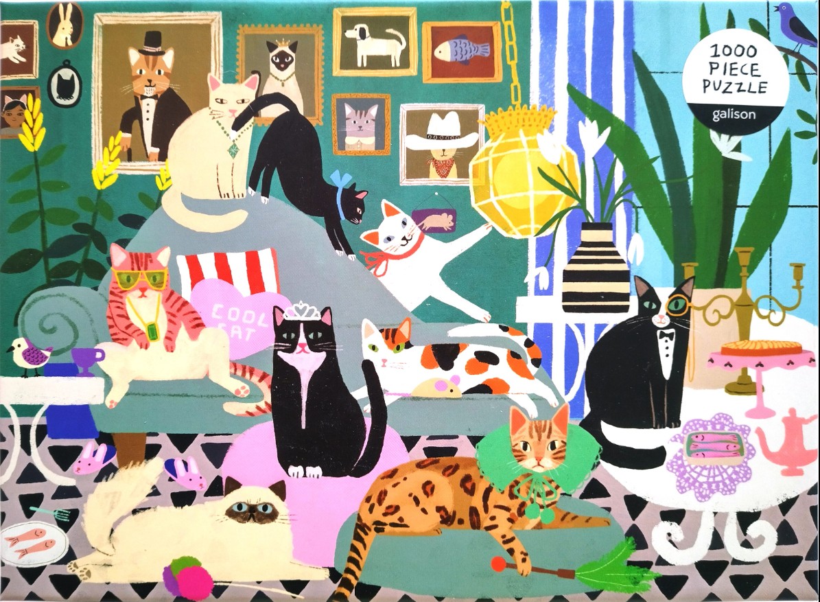 An illustration of many whimsical cats in a colorful, decorated room filled with portraits.