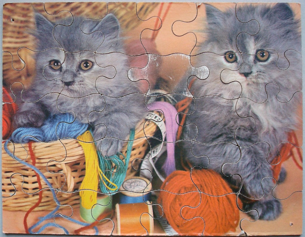 Two fluffy grey kittens sitting among yarn and a sewing basket.