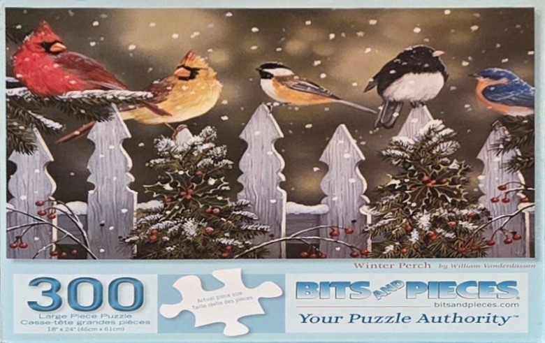 Five different songbirds perched on a snowy wooden fence in winter.