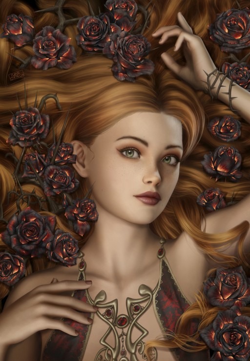 A digital painting of a woman with long red hair surrounded by dark, glowing roses and thorny vines.