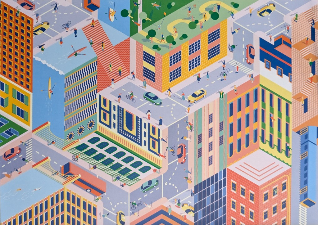 An isometric city scene with colorful buildings, people, and roads that defy normal perspective.