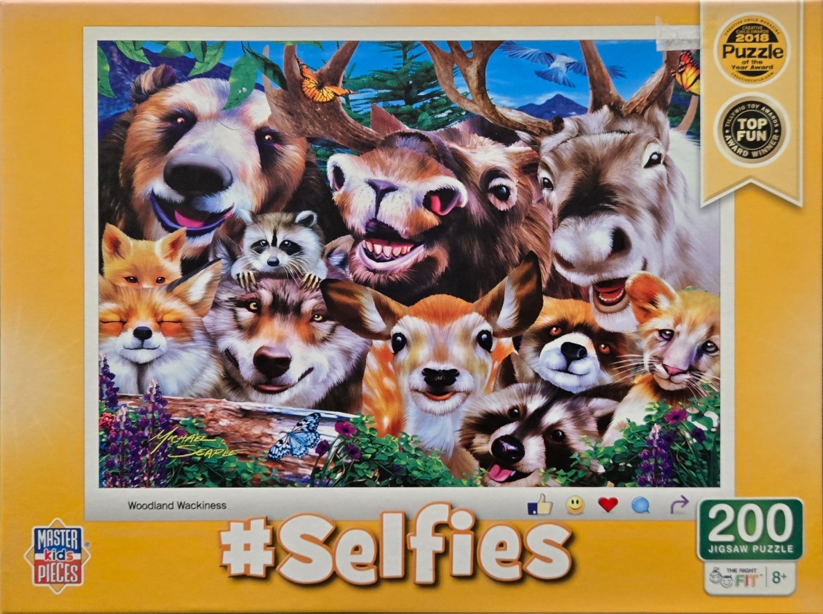 A cartoon illustration of a group of forest animals posing together for a selfie.