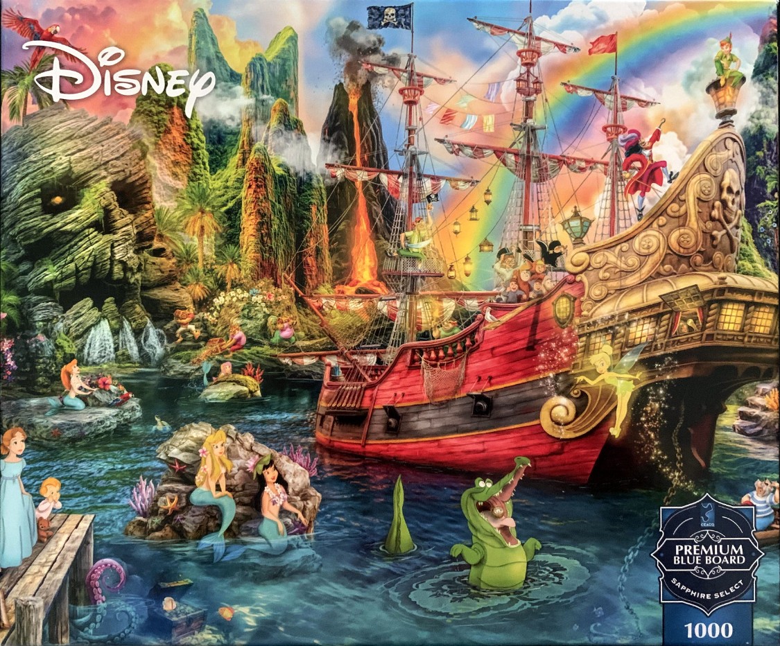 Animated scene featuring a pirate ship, mermaids, and Neverland characters in a tropical volcanic landscape.