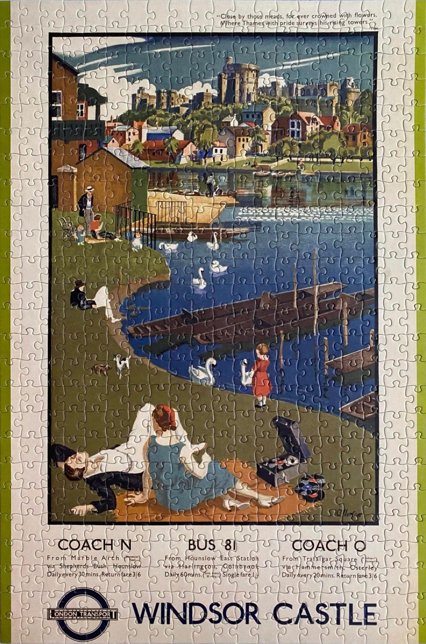 Vintage travel poster illustration of people relaxing by the river near Windsor Castle.