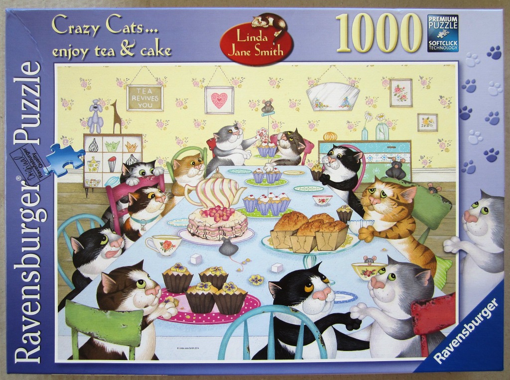 An illustration of many cats gathered around a dining table covered in tea, cupcakes, and a large cake.