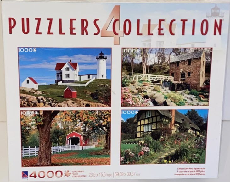 A collage of four scenic landscapes including a lighthouse, a water mill, a covered bridge, and a thatched-roof cottage.
