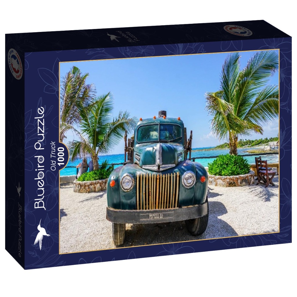 A vintage green truck parked on a gravel tropical beach with palm trees and a turquoise ocean in the background.