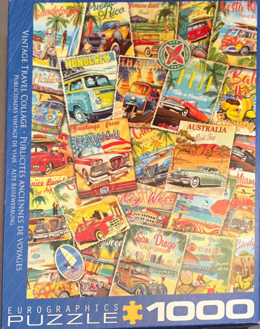 A collage of vintage-style travel postcards featuring classic cars, surf culture, and famous vacation destinations.