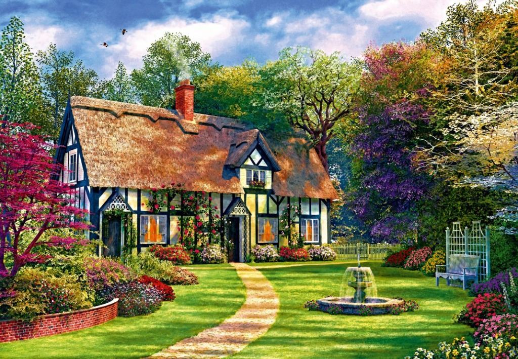 A thatched-roof cottage with a stone fountain and colorful gardens in a bright, sunny landscape.