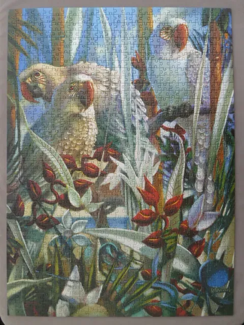 Illustration of three white cockatoos nestled among vibrant tropical foliage and red flowers.