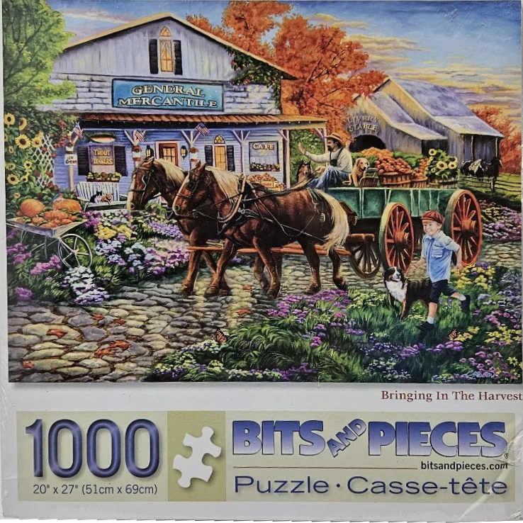 A two-horse wagon in front of a rustic general store during autumn.