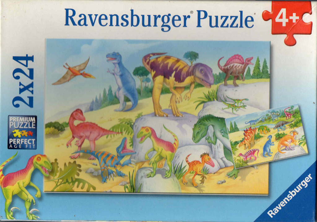 An illustration of various colorful dinosaurs in a prehistoric landscape.
