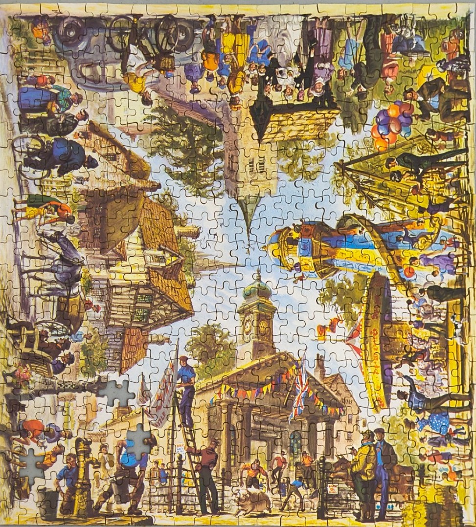 An illustration of a bustling, old-fashioned English village fair or town square celebration.