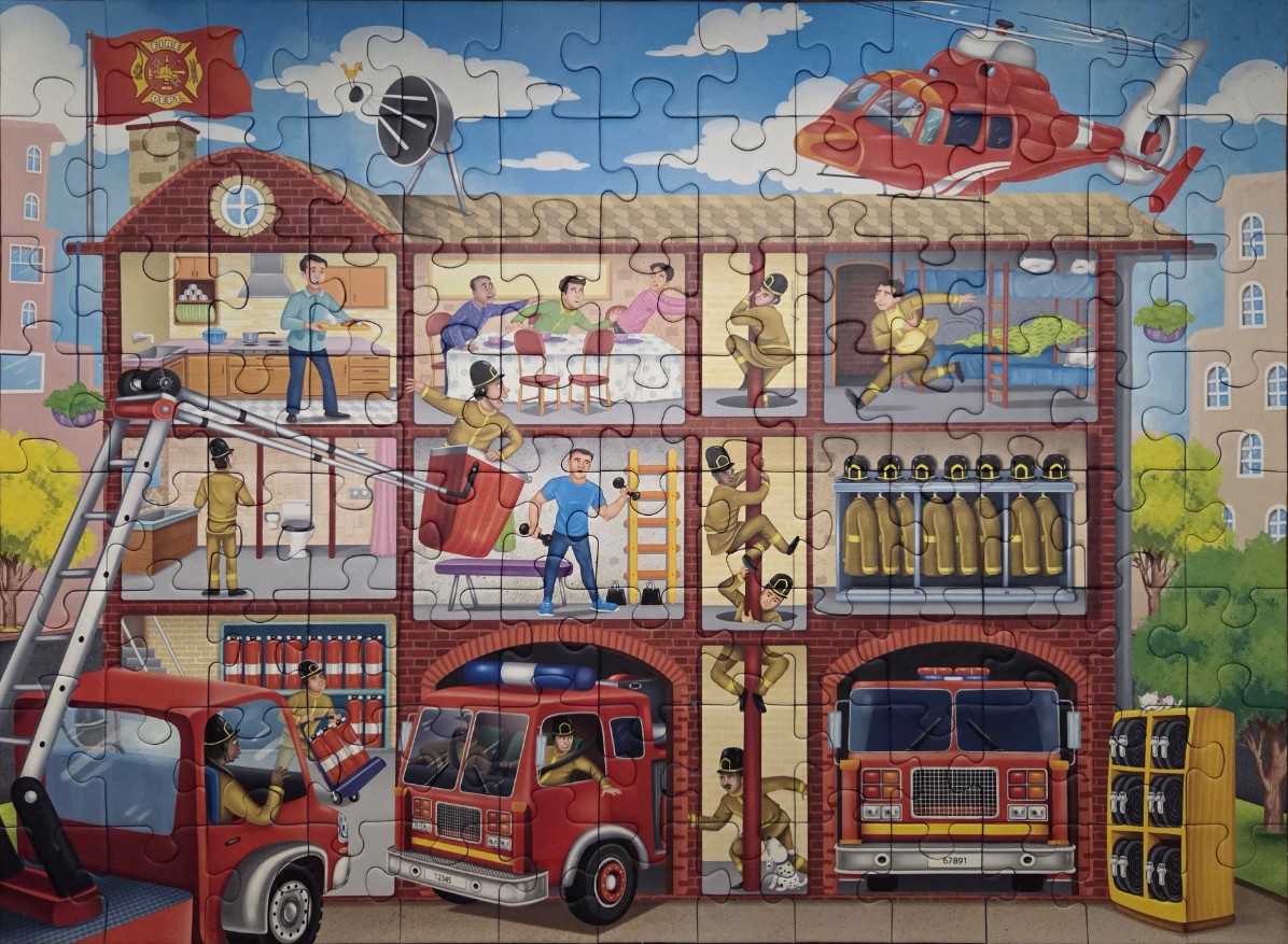 A cutaway illustration of a busy fire station with firefighters, trucks, and a helicopter.